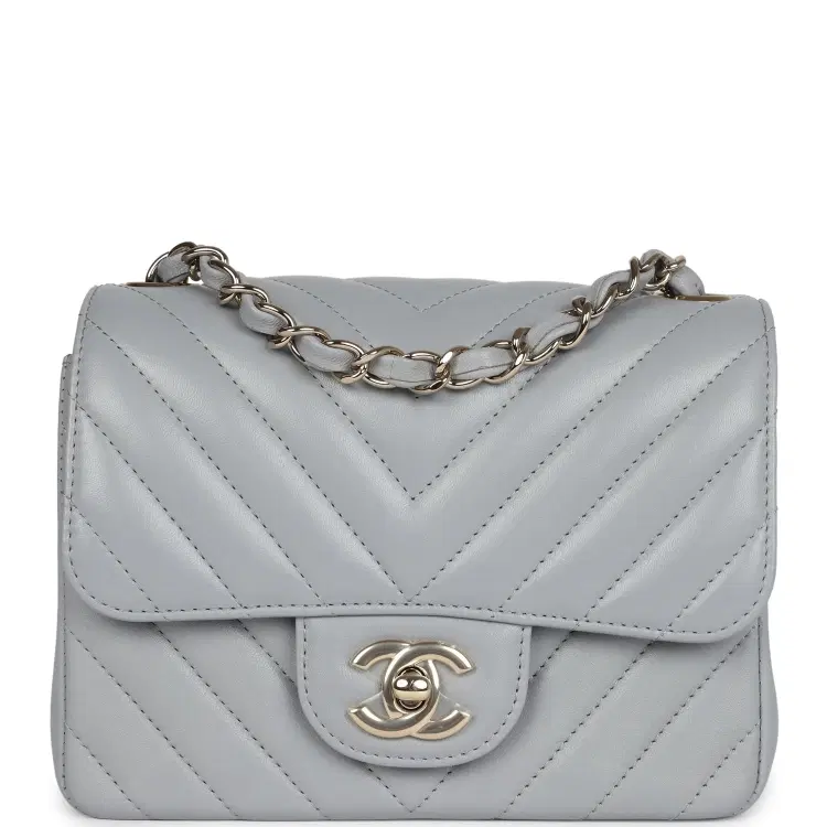Chanel Mini Chevron Square Flap Bag Light Grey Lambskin Light Gold Hardware-Hover-Image