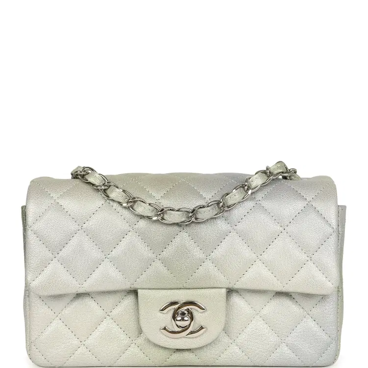 Chanel Mini Classic Rectangular Flap Bag Grey and Green Ombre Iridescent Goatskin Silver Hardware-Hover-Image