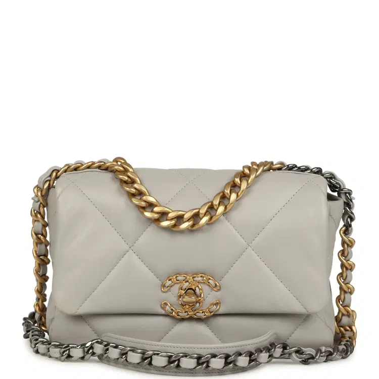 Pre-owned Chanel Medium 19 Flap Bag Grey Shiny Lambskin Mixed Metal Hardware-Hover-Image