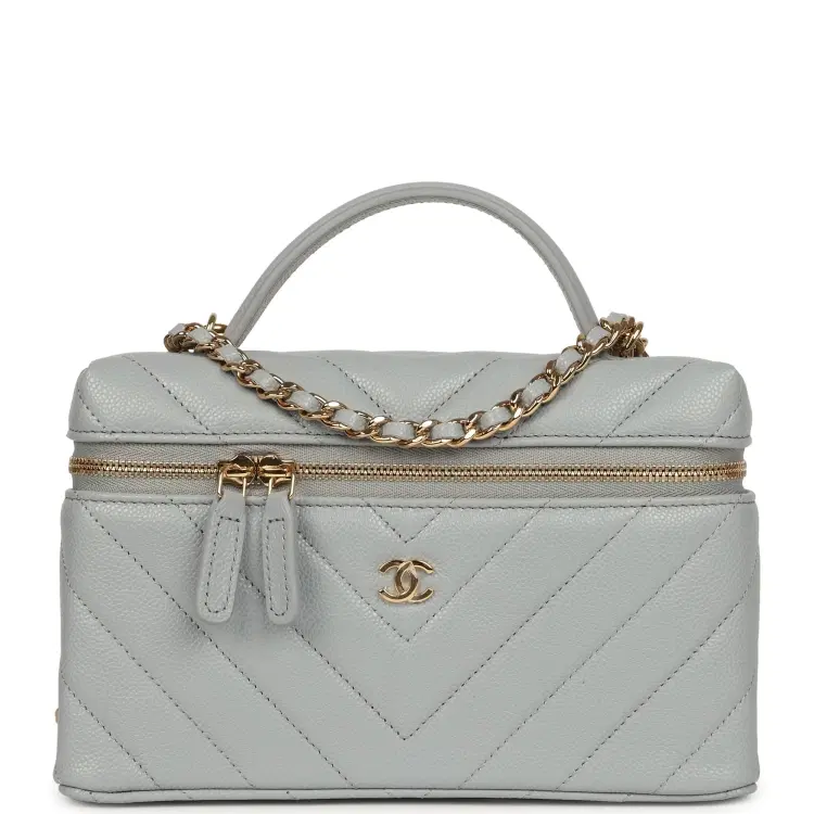 Chanel Chevron Top Handle Long Vanity Case with Chain Grey Shiny Caviar Gold Hardware-Hover-Image
