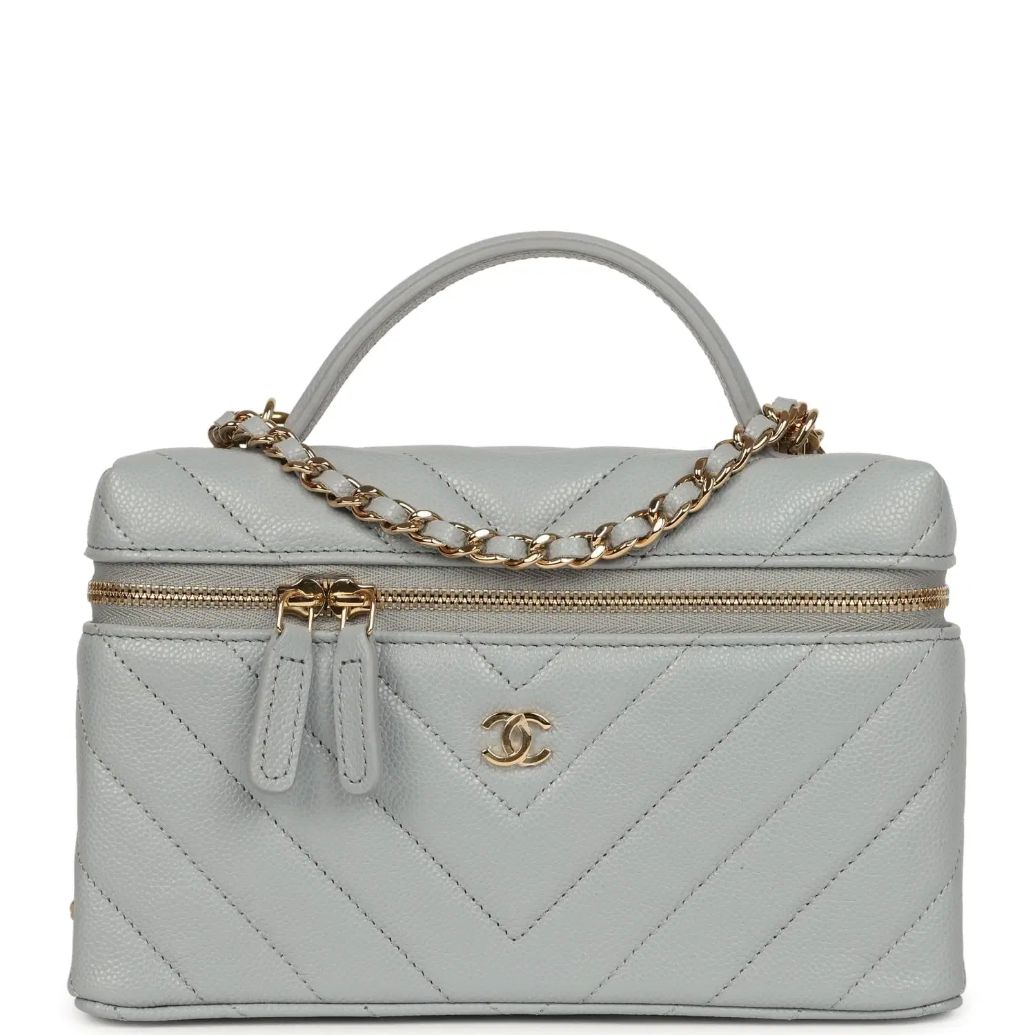 Chanel Chevron Top Handle Long Vanity Case with Chain Grey Shiny Caviar Gold Hardware
