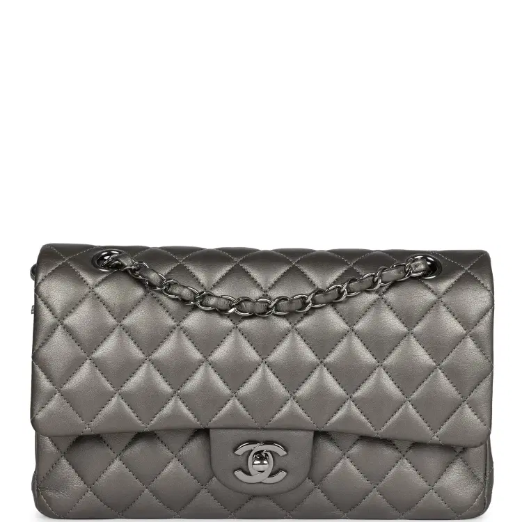 Pre-owned Chanel Medium Classic Double Flap Bag Metallic Grey Lambskin Silver Hardware-Hover-Image