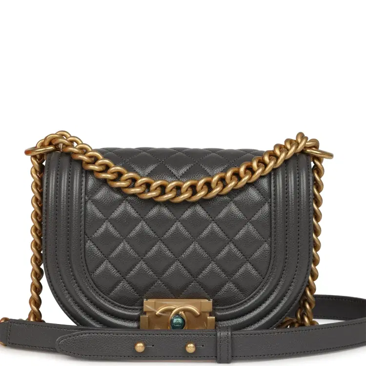 Chanel Small Boy Messenger Bag Dark Grey Shiny Caviar Antique Gold Hardware-Hover-Image