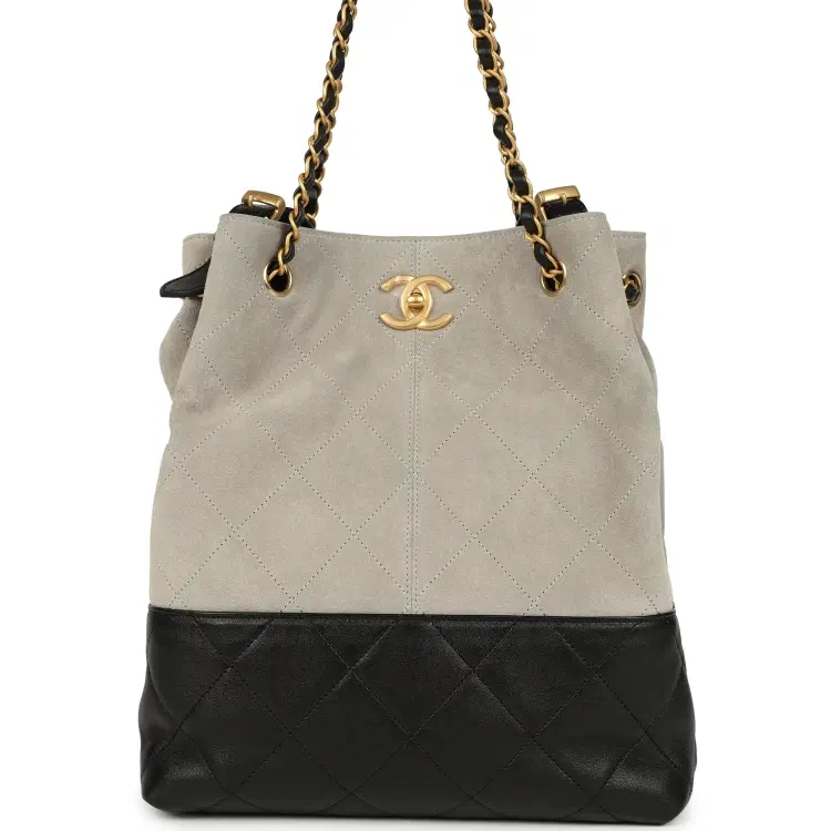 Chanel Coco Shopping Bag Dark Grey Suede and Black Shiny Lambskin Brushed Gold Hardware-Hover-Image
