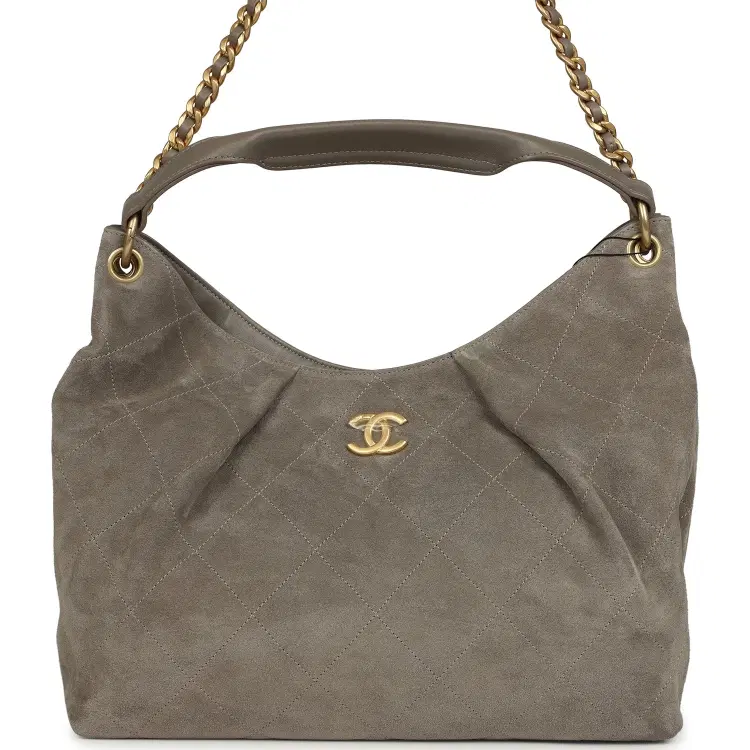 Chanel Maxi Hobo Bag Dark Grey Suede Antique Gold Hardware-Hover-Image