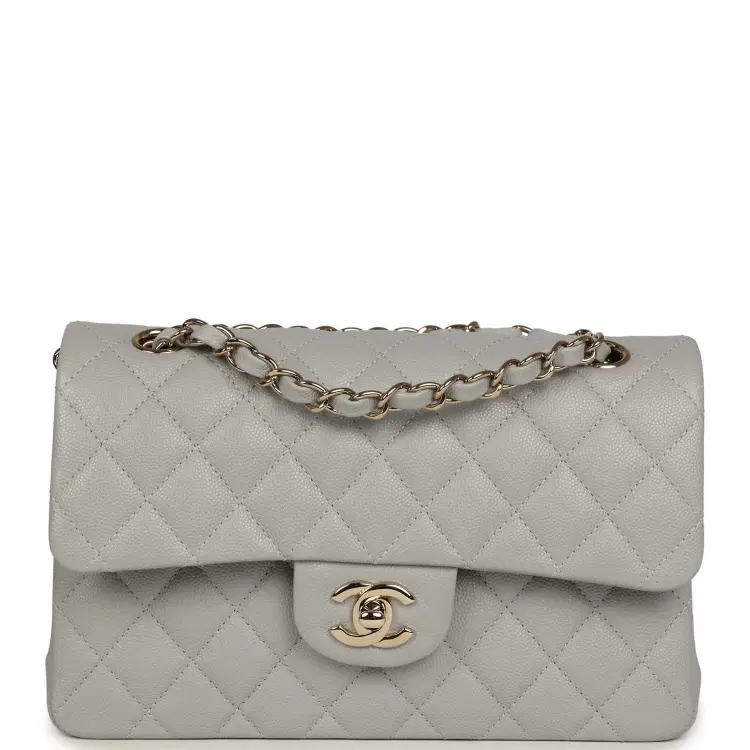 Chanel Small Classic Double Flap Bag Light Grey Caviar Light Gold Hardware-Hover-Image