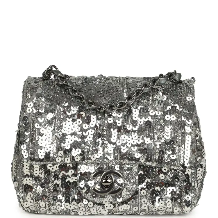 Chanel Mini Classic Square Flap Bag Metallic Silver Sequins Ruthenium Hardware-Hover-Image