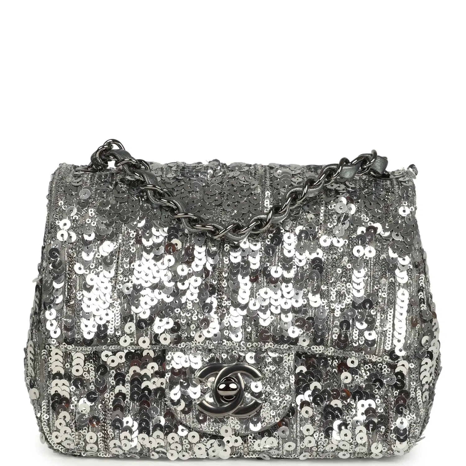 Chanel Mini Classic Square Flap Bag Metallic Silver Sequins Ruthenium Hardware
