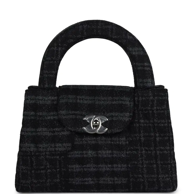 Chanel Small Kelly Shopper Dark Grey and Black Plaid Canvas Ruthenium Hardware-Hover-Image