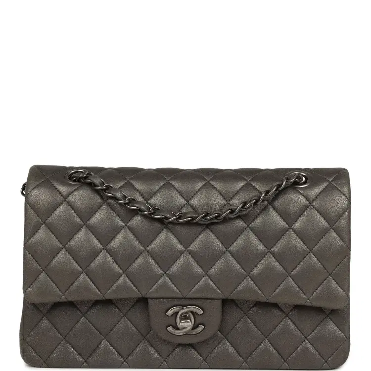 Pre-owned Chanel Medium Classic Double Flap Bag Charcoal Metallic Goatskin Aged Ruthenium Hardware-Hover-Image