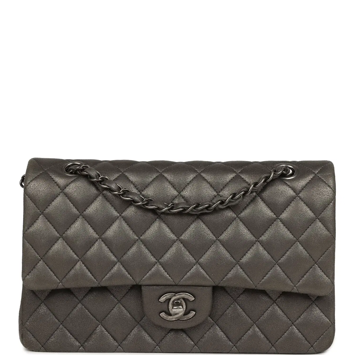 Pre-owned Chanel Medium Classic Double Flap Bag Charcoal Metallic Goatskin Aged Ruthenium Hardware
