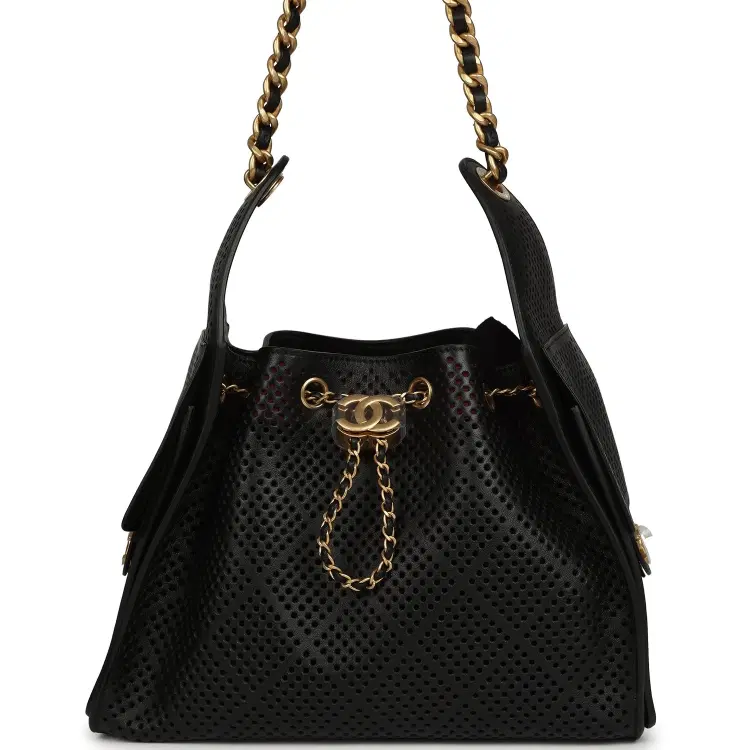 Chanel Small 25 Hobo Bag Black Perforated Calfskin Antique Gold Hardware-Hover-Image