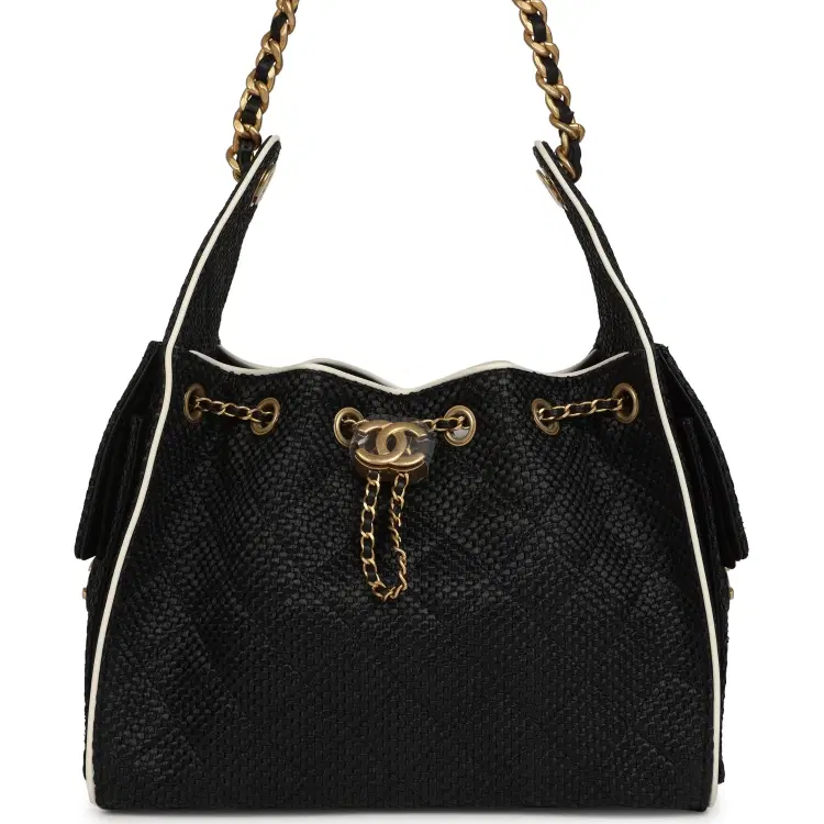 Chanel Small 25 Hobo Bag Black Raffia and White Calfskin Antique Gold Hardware-Hover-Image