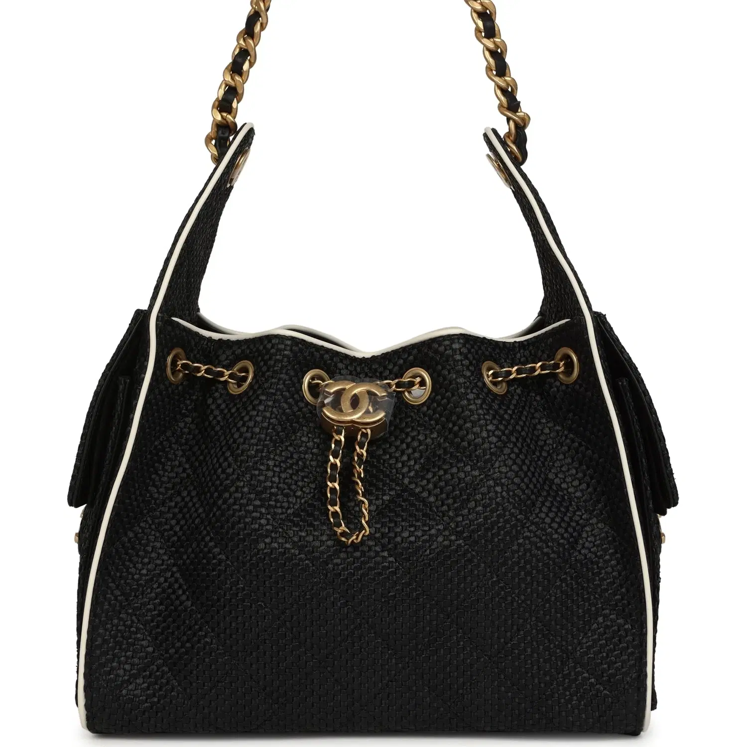 Chanel Small 25 Hobo Bag Black Raffia and White Calfskin Antique Gold Hardware