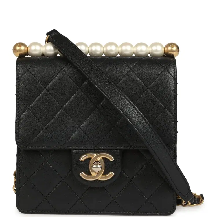 Pre-owned Chanel Chic Pearls Flap Bag Black Calfskin Brushed Gold Hardware-Hover-Image