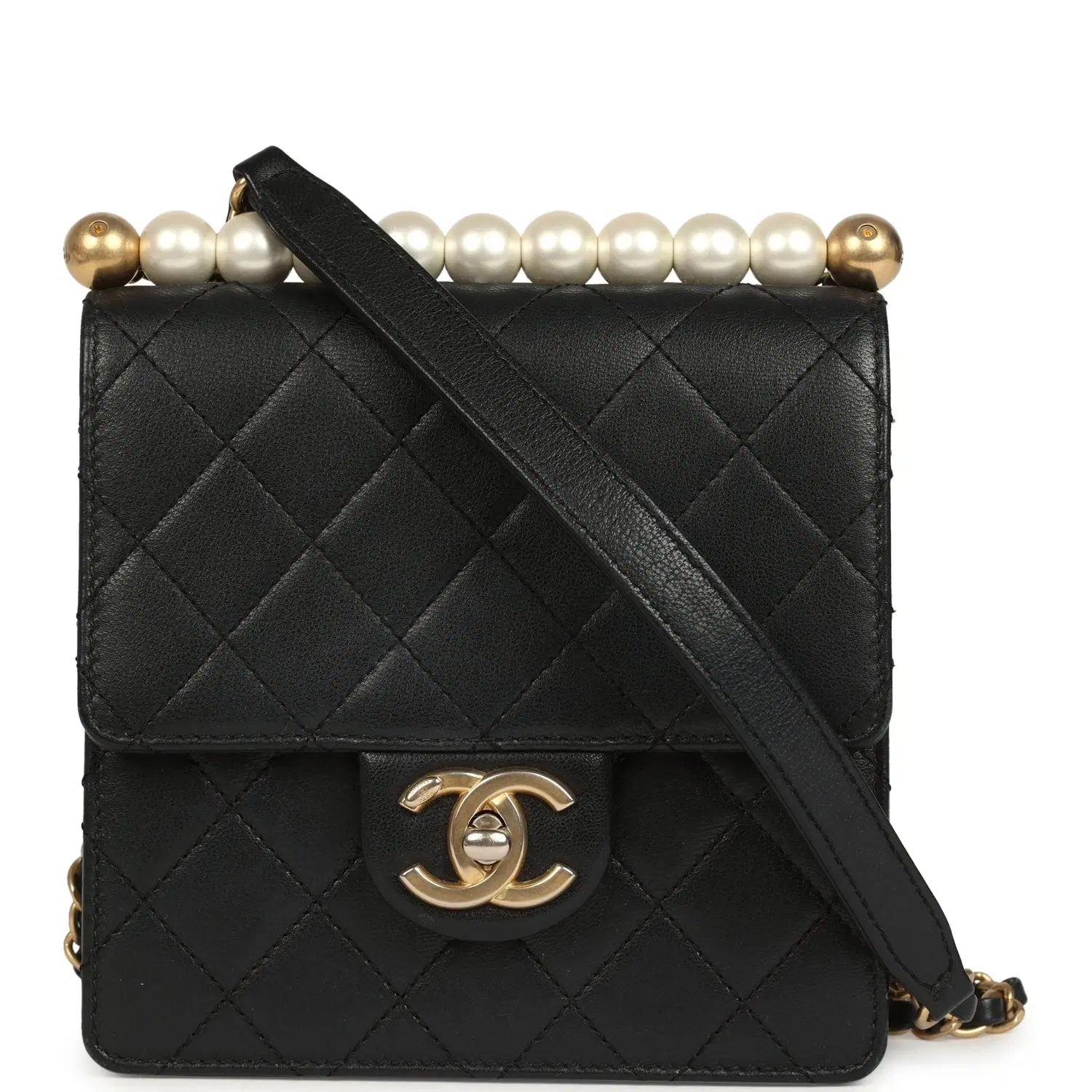Pre-owned Chanel Chic Pearls Flap Bag Black Calfskin Brushed Gold Hardware