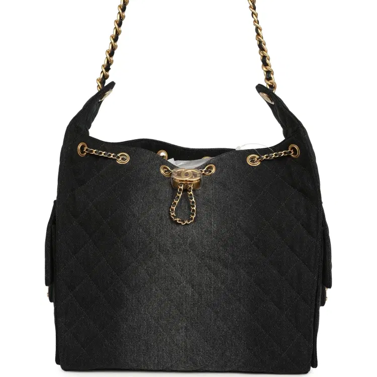 Chanel Medium 25 Hobo Bag Black Washed Denim Antique Gold Hardware-Hover-Image