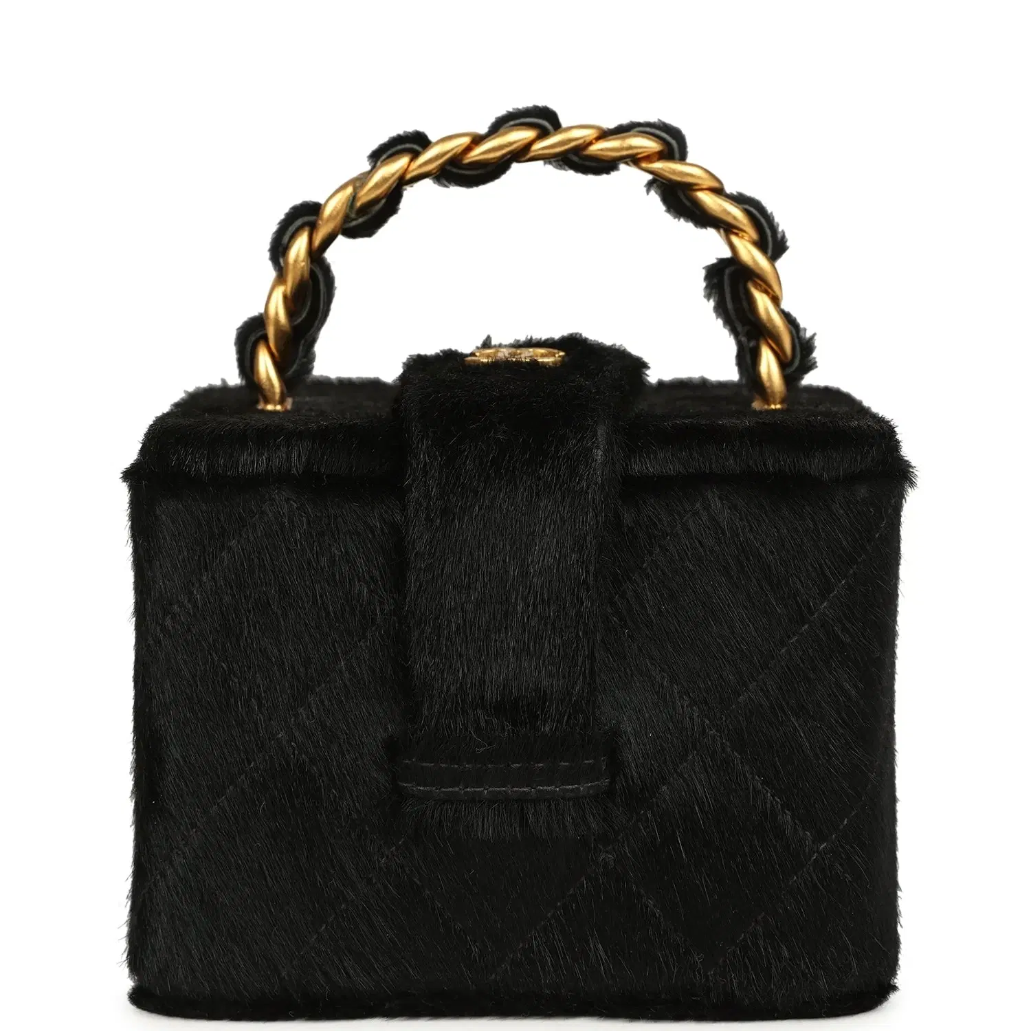 Vintage Chanel Square Vanity Box Black Pony Hair Antique Gold Hardware
