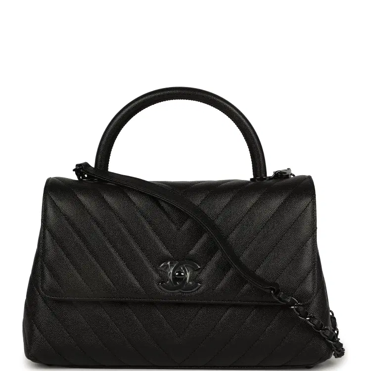 Chanel Medium Chevron Coco Handle Flap Bag So Black Shiny Caviar Black Hardware-Hover-Image