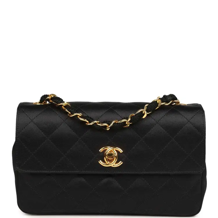 Vintage Chanel Mini Rectangular Flap Bag Black Satin Gold Hardware-Hover-Image