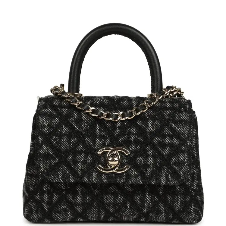 Chanel Nano Coco Top Handle Flap Bag Black Washed Denim Light Gold Hardware-Hover-Image