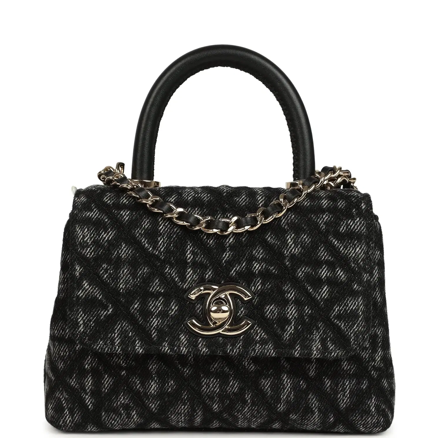 Chanel Nano Coco Top Handle Flap Bag Black Washed Denim Light Gold Hardware