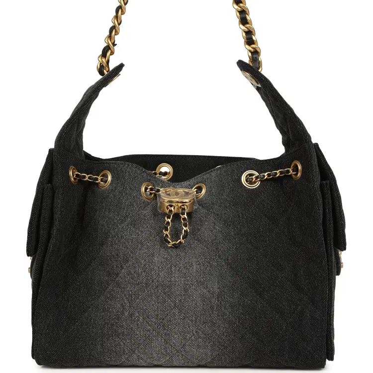 Chanel Small 25 Hobo Bag Black Washed Denim Antique Gold Hardware-Hover-Image