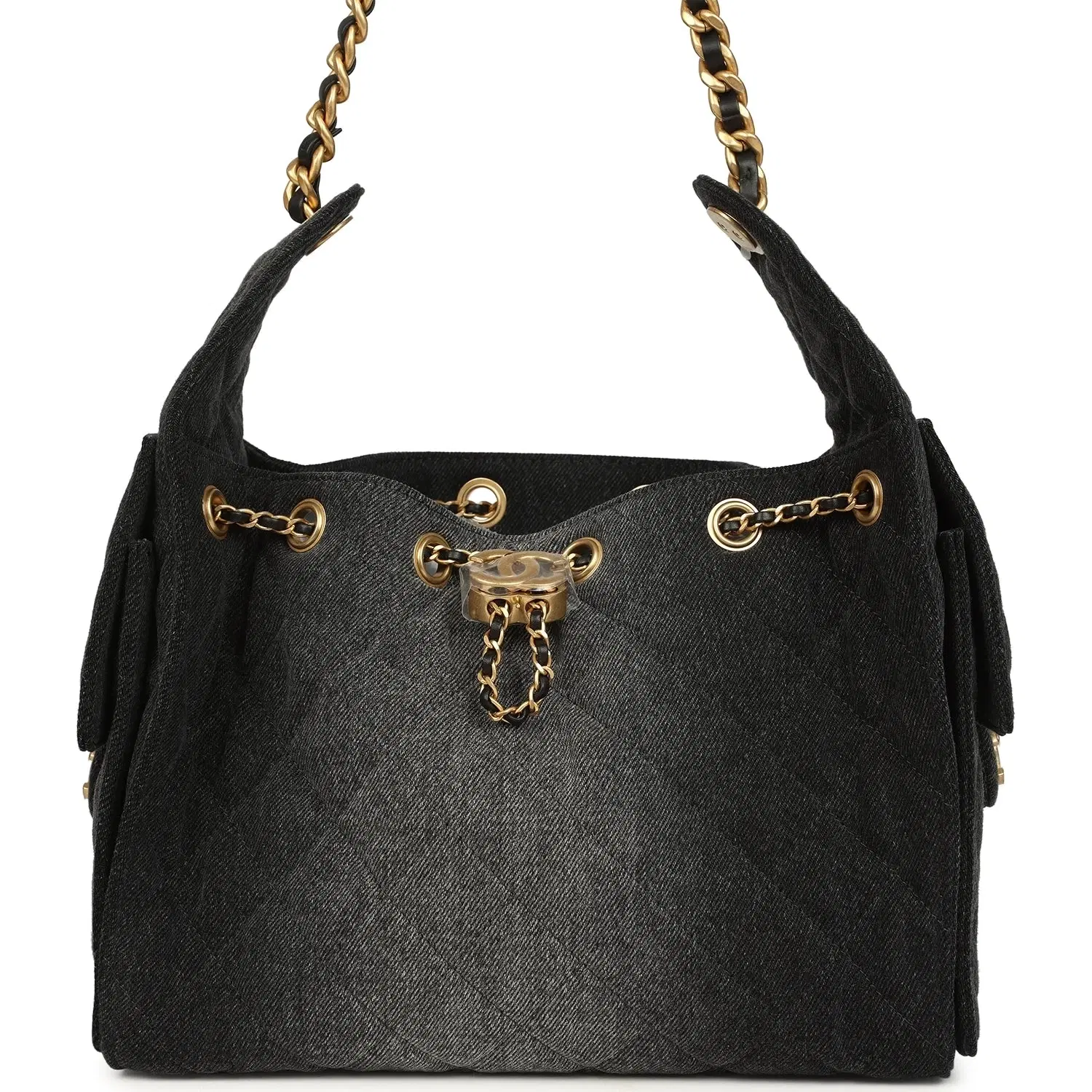 Chanel Small 25 Hobo Bag Black Washed Denim Antique Gold Hardware