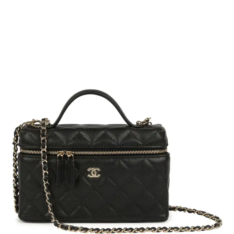 Chanel Top Handle Long Vanity Case with Chain Black Caviar Light Gold Hardware-Hover-Image