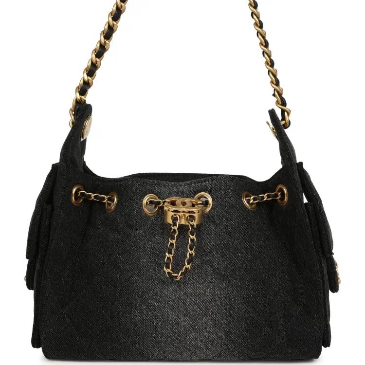 Chanel Mini 25 Hobo Bag Black Washed Denim Antique Gold Hardware-Hover-Image
