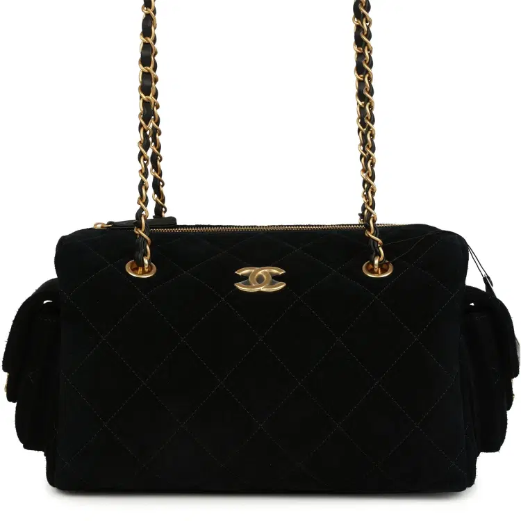 Chanel Small Bowling Bag Black Suede Antique Gold Hardware-Hover-Image