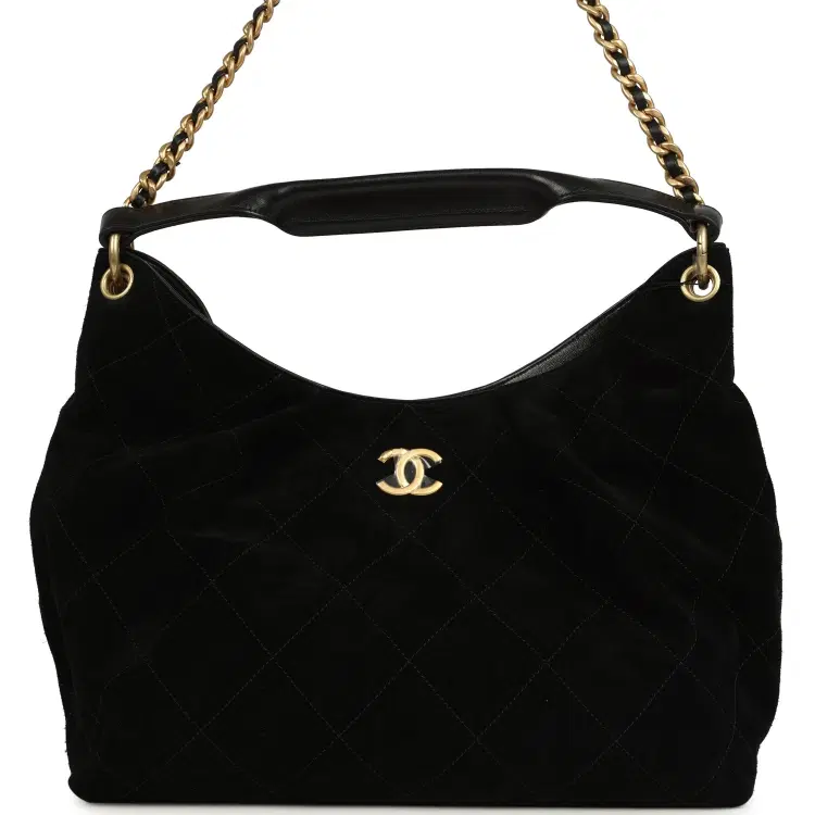 Chanel Maxi Hobo Bag Black Suede Antique Gold Hardware-Hover-Image