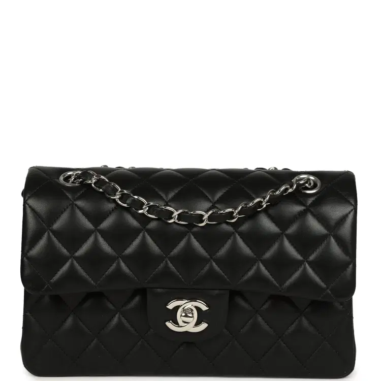 Pre-owned Chanel Small Classic Double Flap Bag Black Lambskin Silver Hardware-Hover-Image