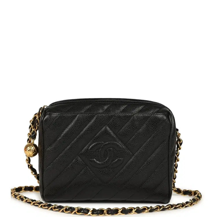Vintage Chanel Mini Diagonal Quilted Camera Bag Black Caviar Gold Hardware-Hover-Image