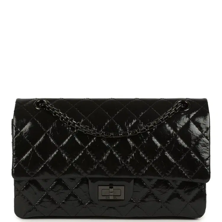 Pre-owned Chanel Small Reissue 225 2.55 Double Flap Bag So Black Shiny Crumpled Calfskin Black Hardware-Hover-Image