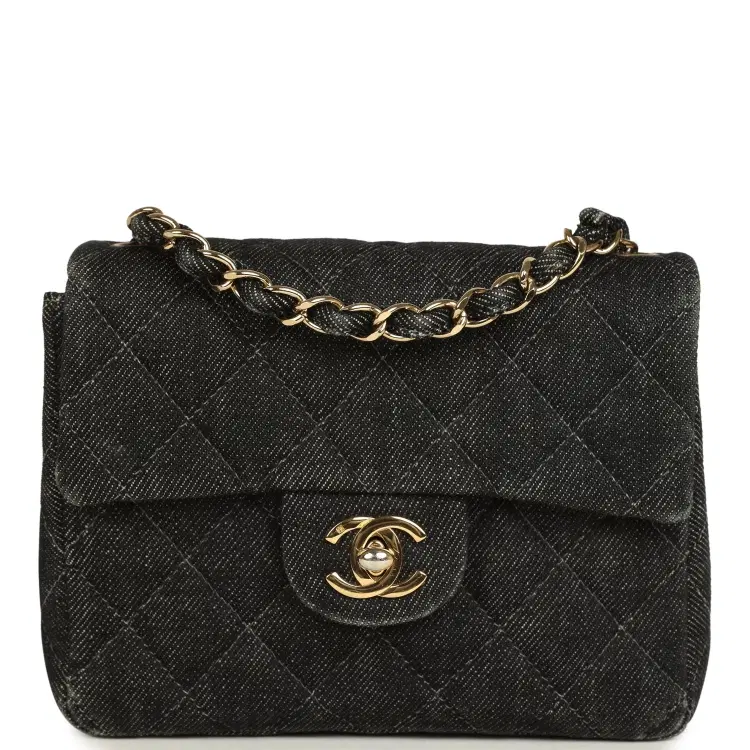 Vintage Chanel Mini Square Flap Bag Black Denim Gold Hardware-Hover-Image