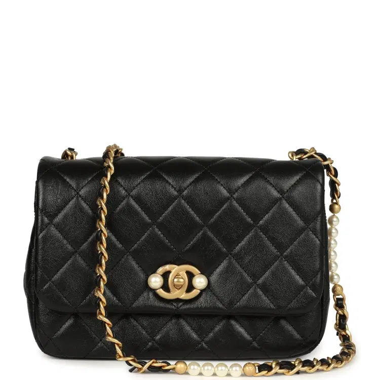 Chanel Small Pearl Flap Bag Black Shiny Calfskin Brushed Gold Hardware-Hover-Image