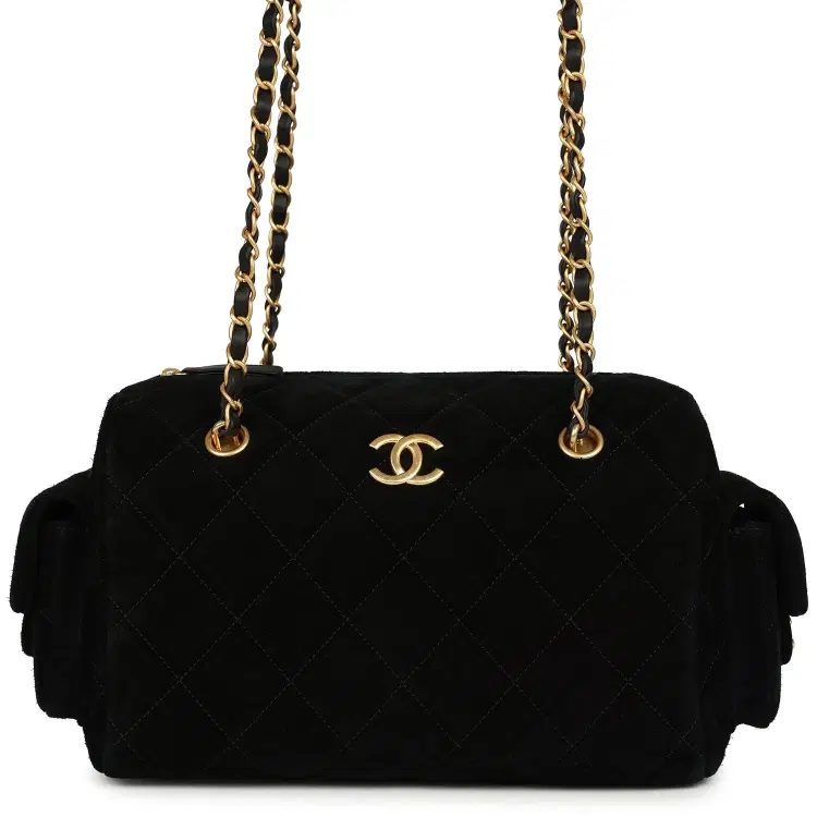 Chanel Small Bowling Bag Black Suede Antique Gold Hardware-Hover-Image