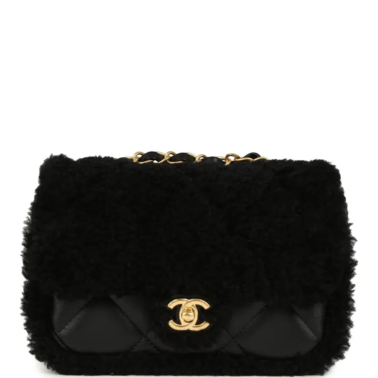 Chanel Mini Shearling Flap Bag Black Lambskin Brushed Gold Hardware-Hover-Image