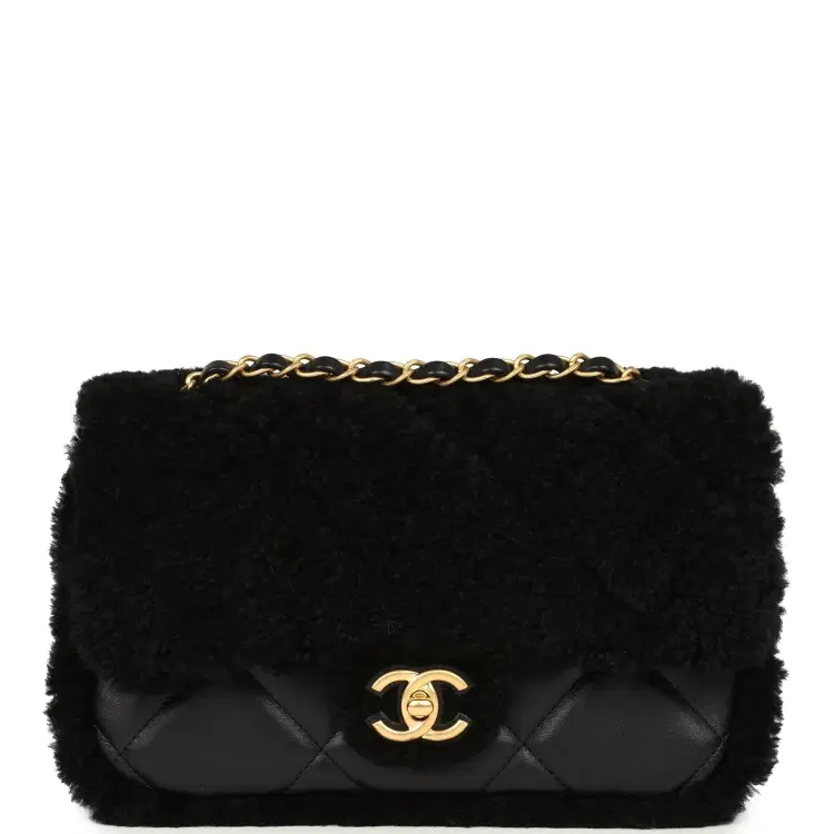Chanel Medium Shearling Flap Bag Black Lambskin Brushed Gold Hardware-Hover-Image