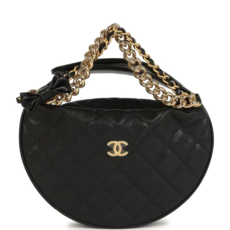 Chanel Mini Round Hobo Pouch Bag Black Shiny Caviar Mixed Metal Hardware-Hover-Image