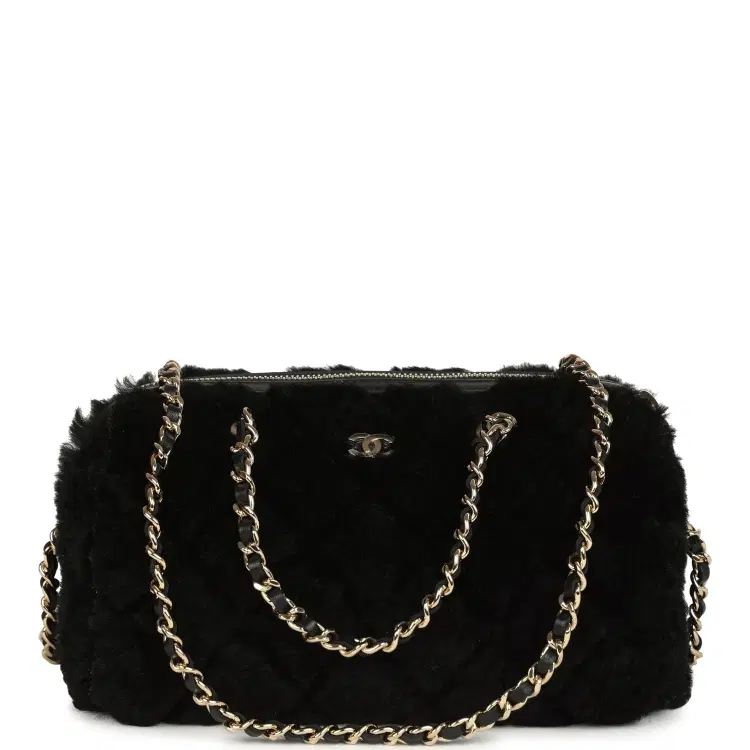 Chanel Mini Timeless Classic Barrel Bag with Chain Black Shearling Light Gold Hardware-Hover-Image