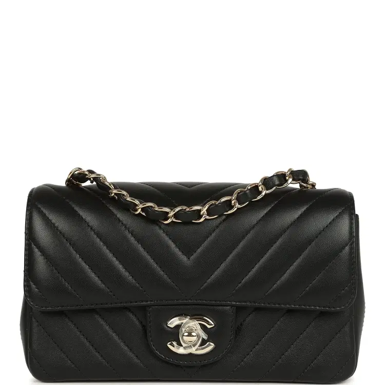 Chanel Mini Chevron Classic Rectangular Flap Bag Black Lambskin Light Gold Hardware-Hover-Image