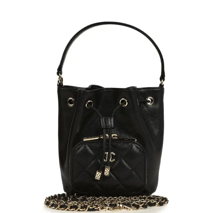 Chanel Mini Top Handle Bucket Bag with Chain Black Shiny Caviar Light Gold Hardware-Hover-Image