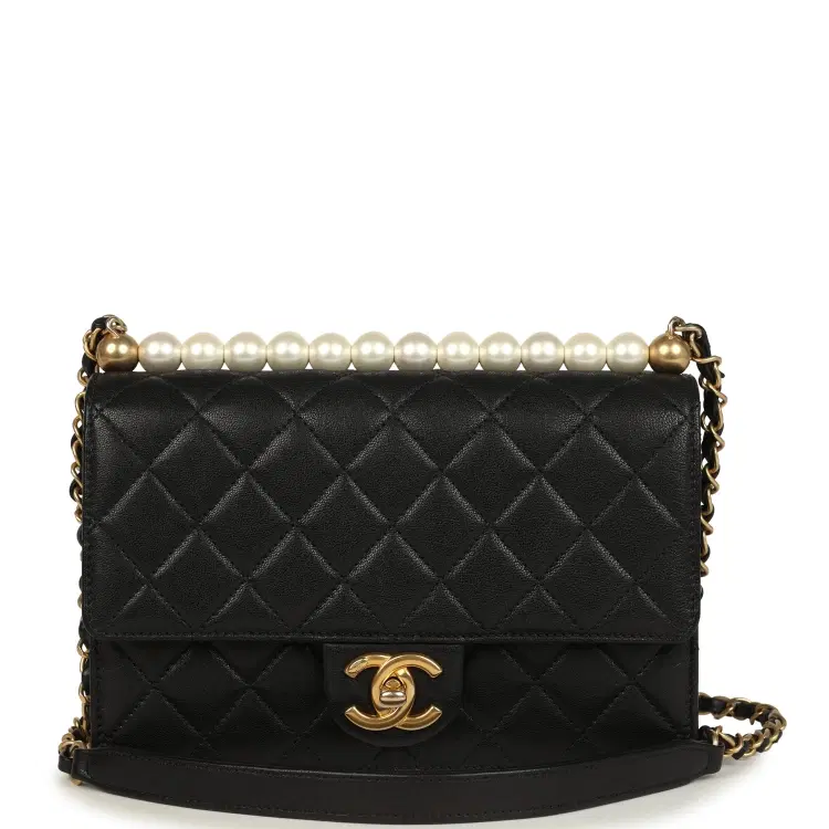 Pre-owned Chanel Small Chic Pearls Flap Bag Black Goatskin Antique Gold Hardware-Hover-Image