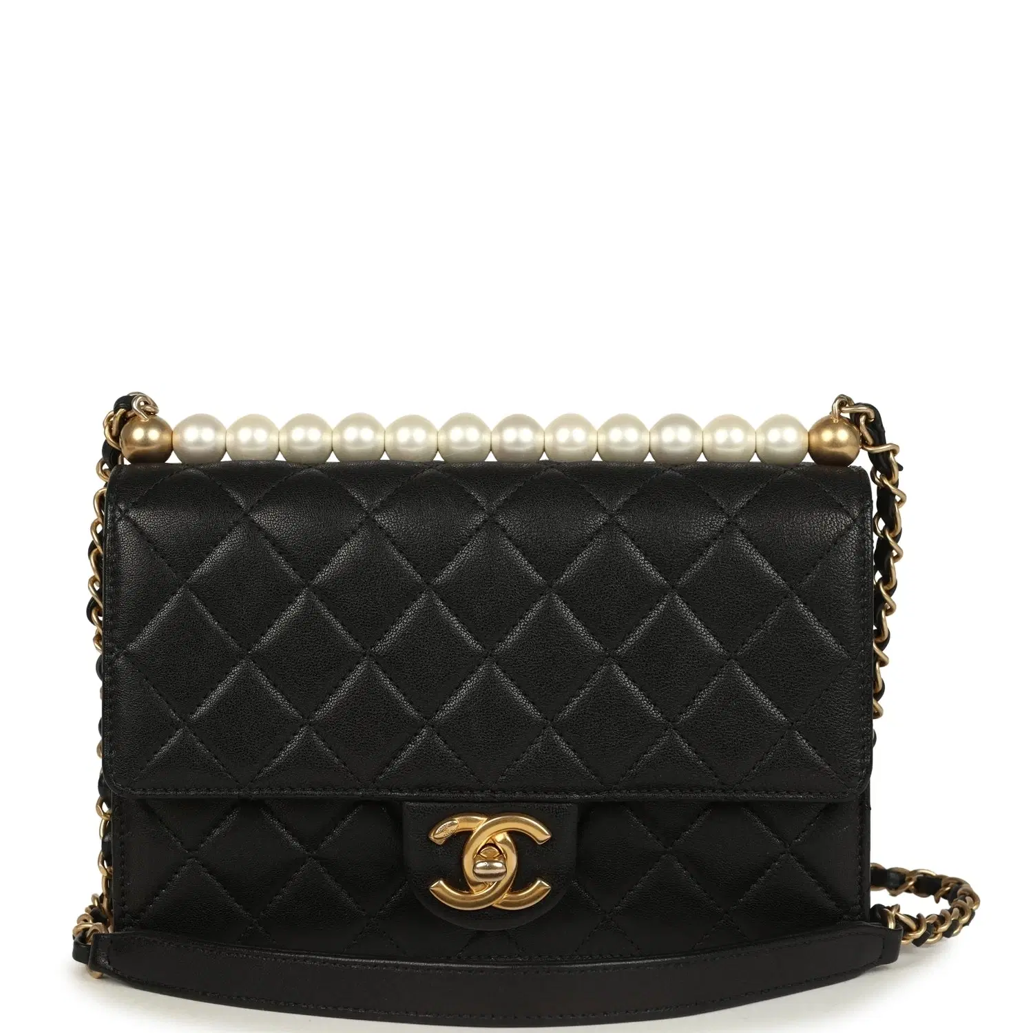 Pre-owned Chanel Small Chic Pearls Flap Bag Black Goatskin Antique Gold Hardware