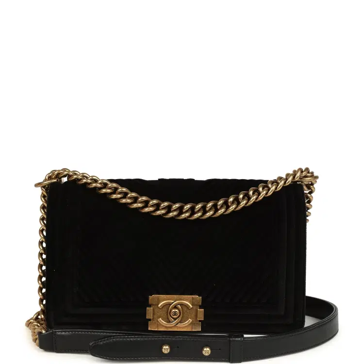 Pre-owned Chanel Medium Boy Bag Black Chevron Velvet Antique Gold Hardware-Hover-Image