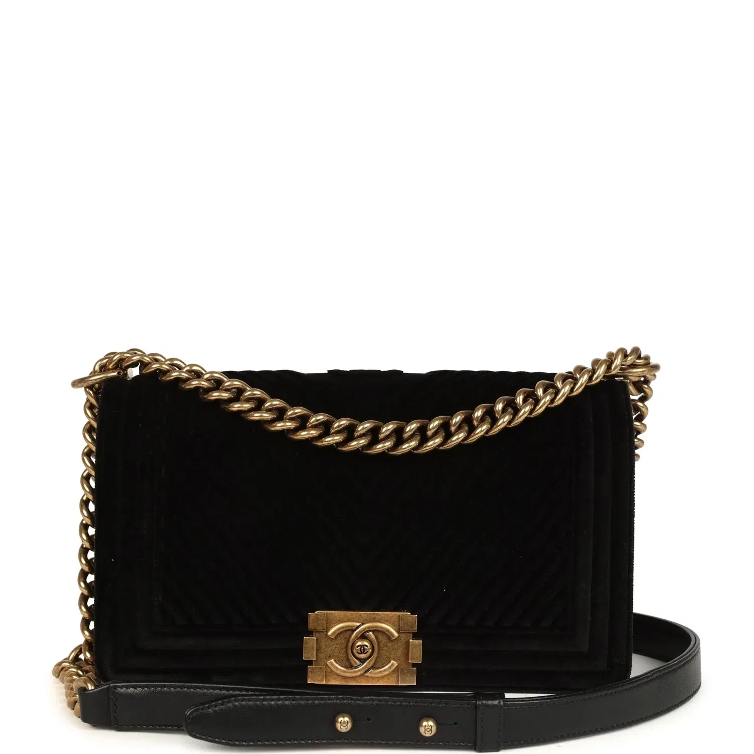 Pre-owned Chanel Medium Boy Bag Black Chevron Velvet Antique Gold Hardware