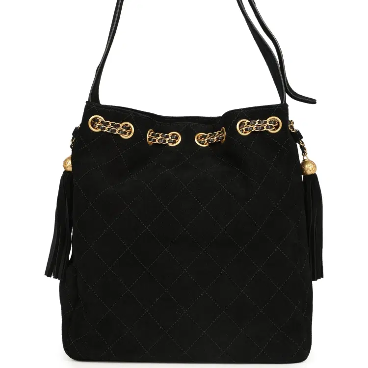 Chanel Large Drawstring Bucket Bag Black Suede Gold Hardware-Hover-Image