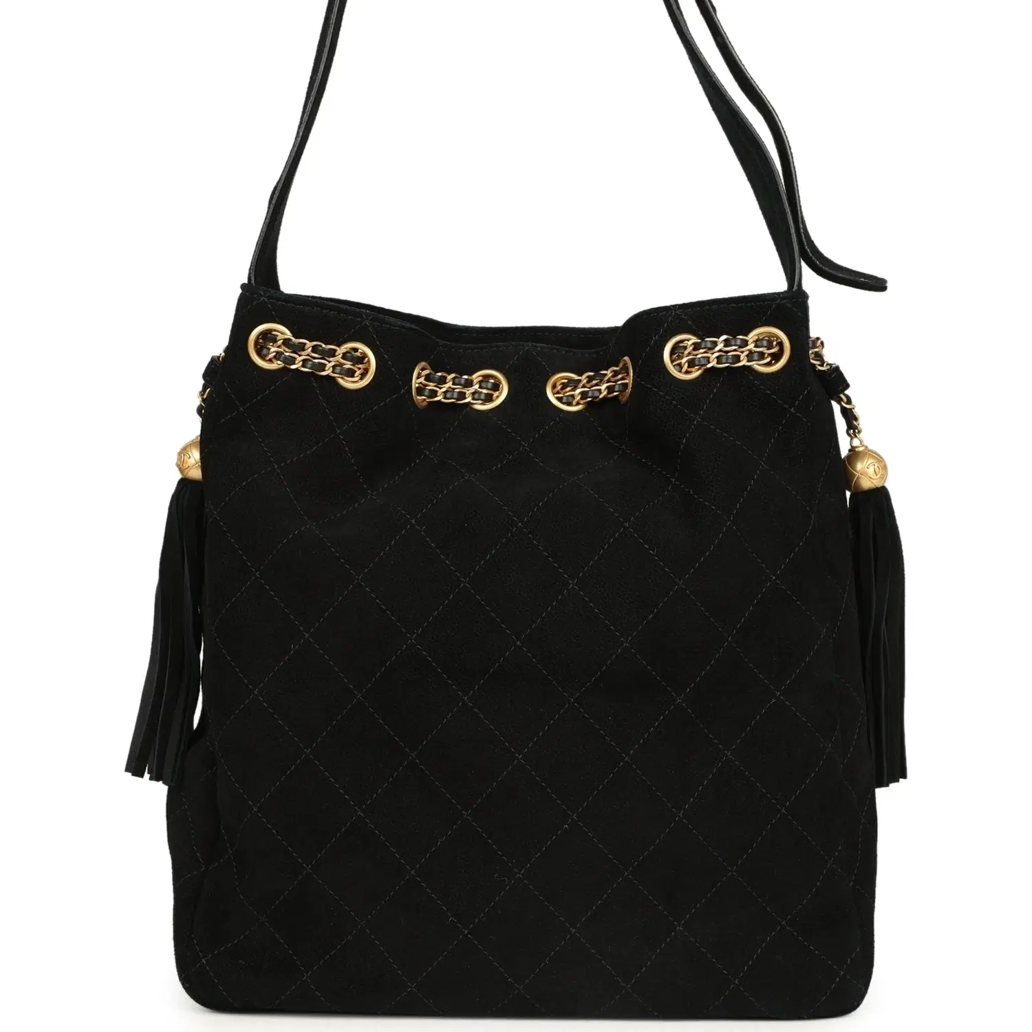 Chanel Large Drawstring Bucket Bag Black Suede Gold Hardware